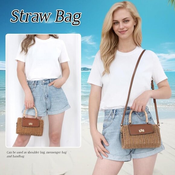 Women's Rattan Straw Crossbody Bag with Wood Handle Summer Beach Purse - Picture 6 of 6